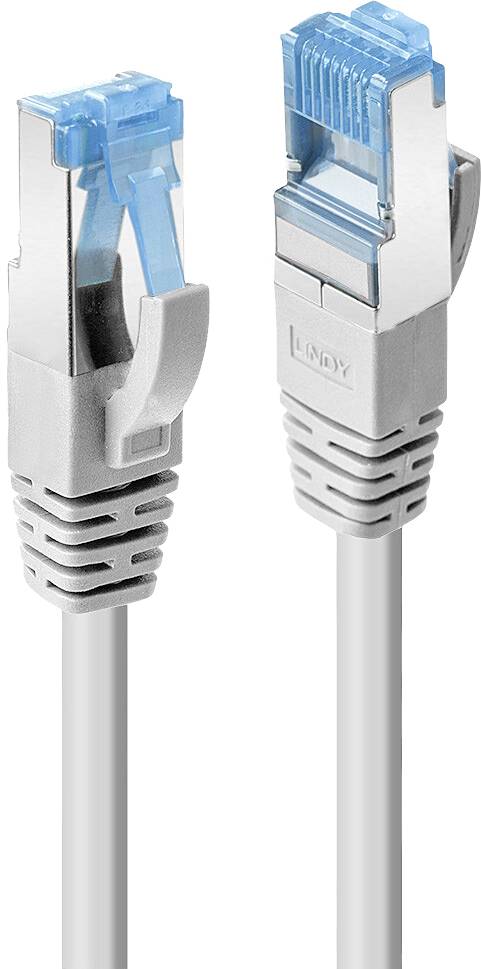Grey network cable with two RJ45 connectors, each with blue plastic clips.