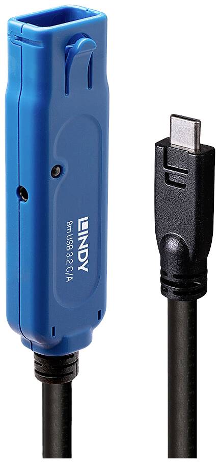 A blue extension cable with a USB-C connector from Lindy. The repeater is on the left, the USB-C plug on the right.
