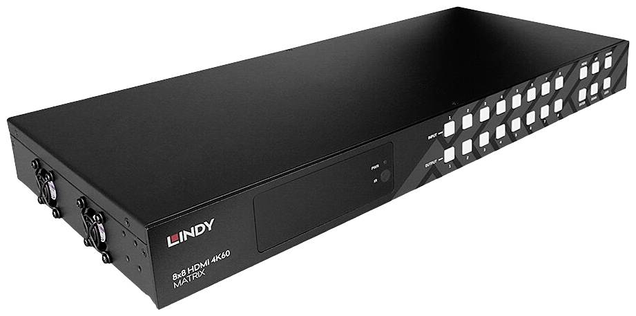 Black HDMI matrix with multiple input and output ports and buttons for control.