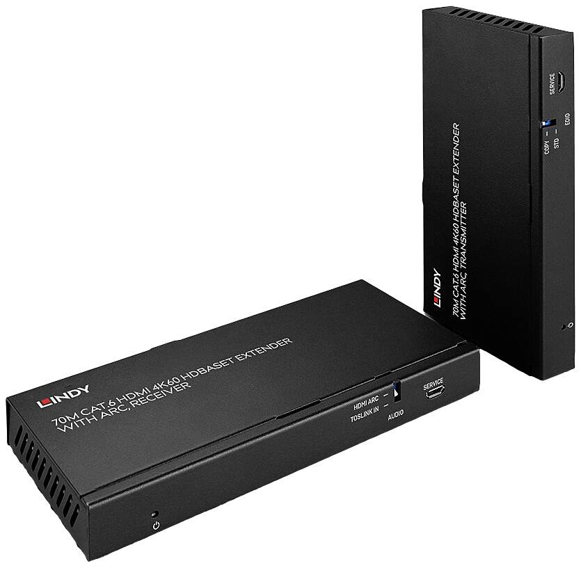 Two black Lindy HDMI extenders, one standing, the other lying down. Labelled with 'HDMI 4K60 HDBaseT Extender'.