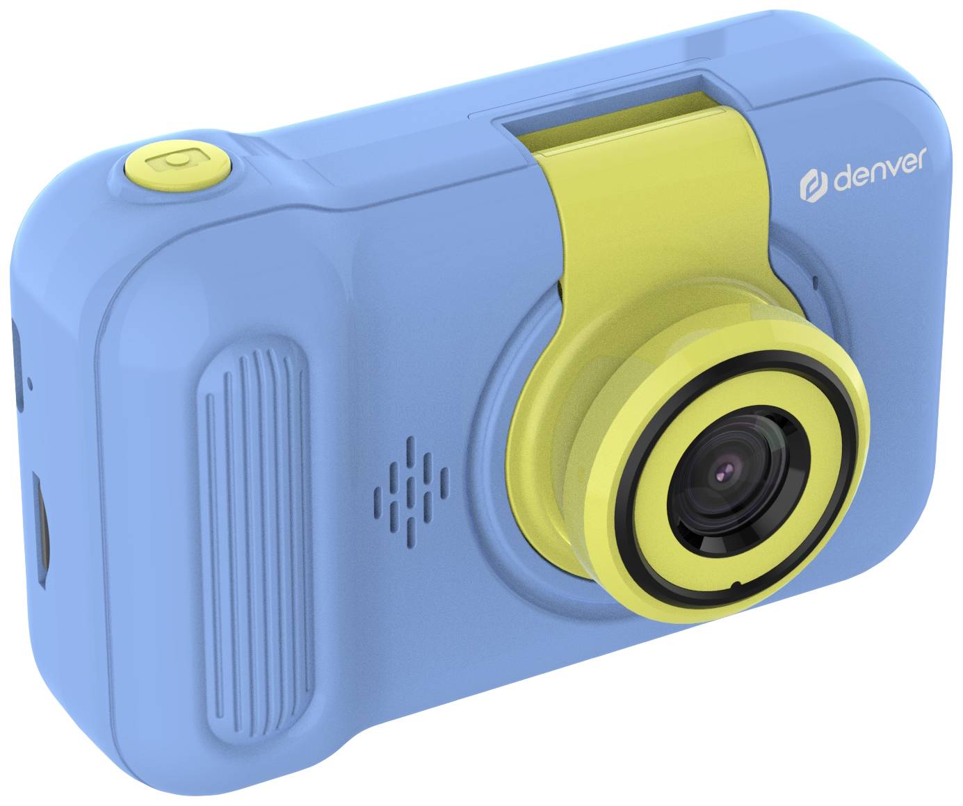 A compact blue and yellow camera with a lens on the front, suitable for basic photography.