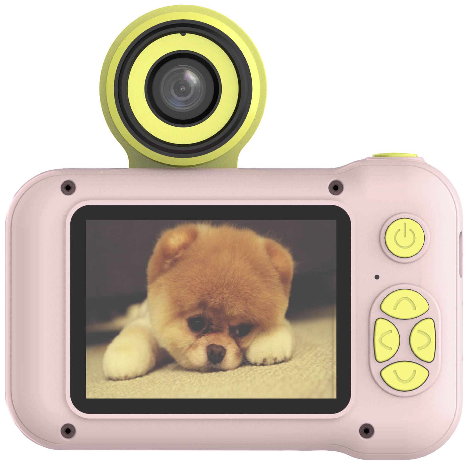 Children's toy camera in pink, with a display showing a small, fluffy dog lying on the floor.