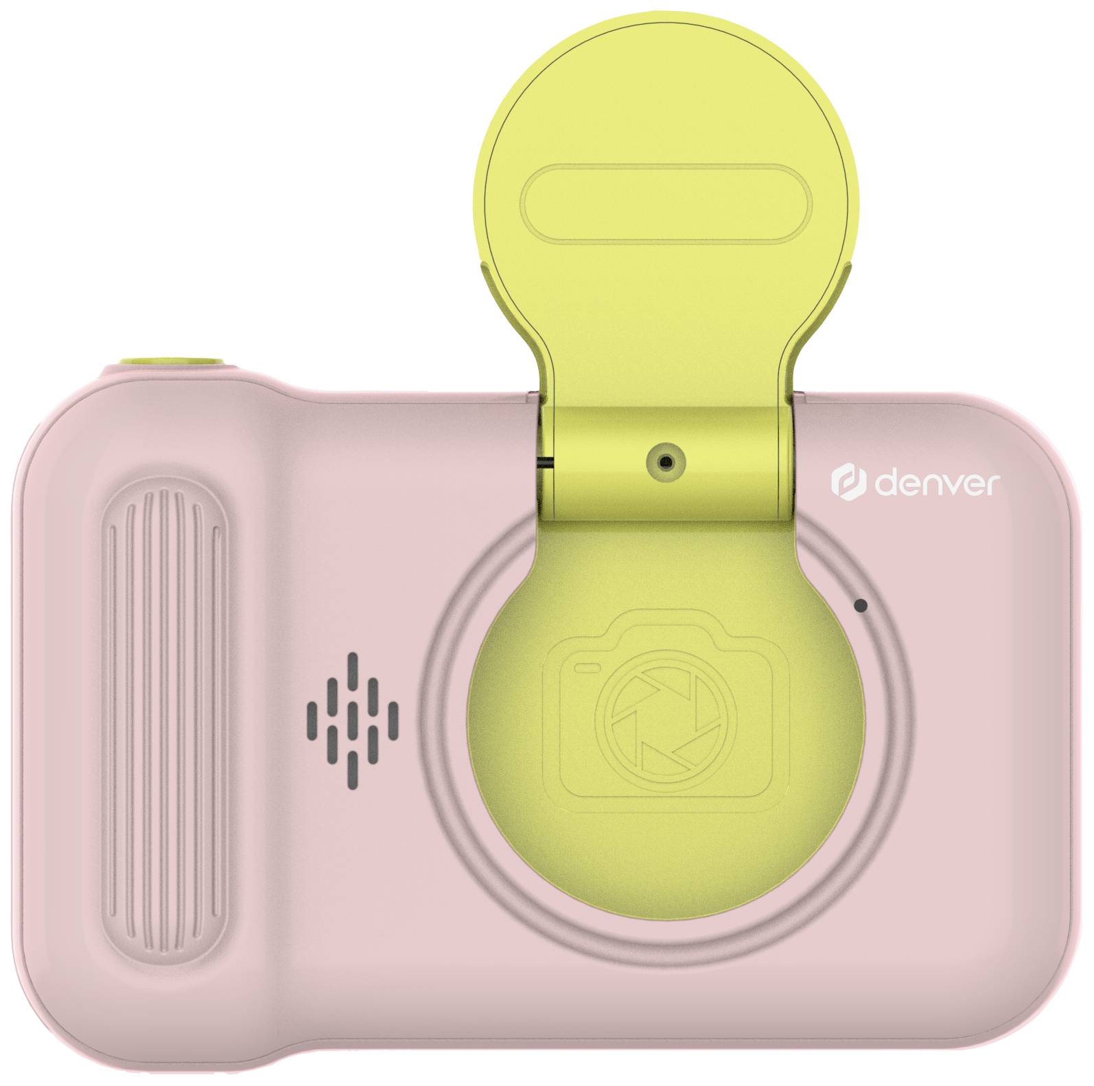 A pink children's digital camera with a green lens cover, brand logo 'denver' on the upper right side.