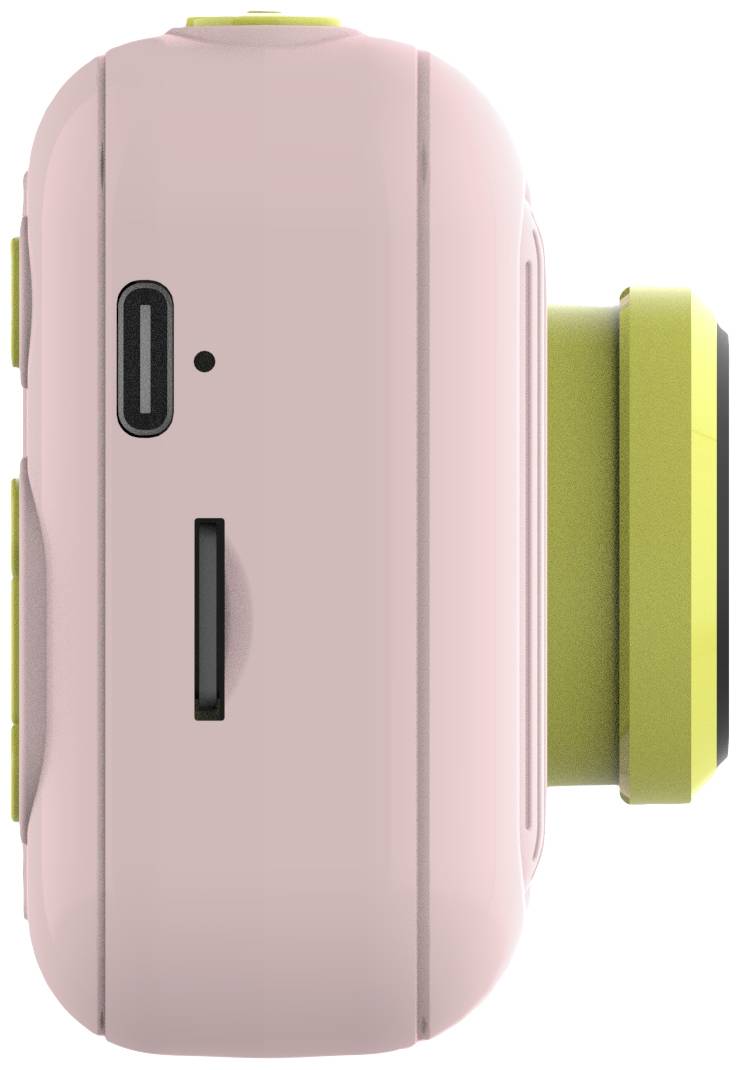 A compact, pink camera shown from the side with a yellow lens and a black connection.