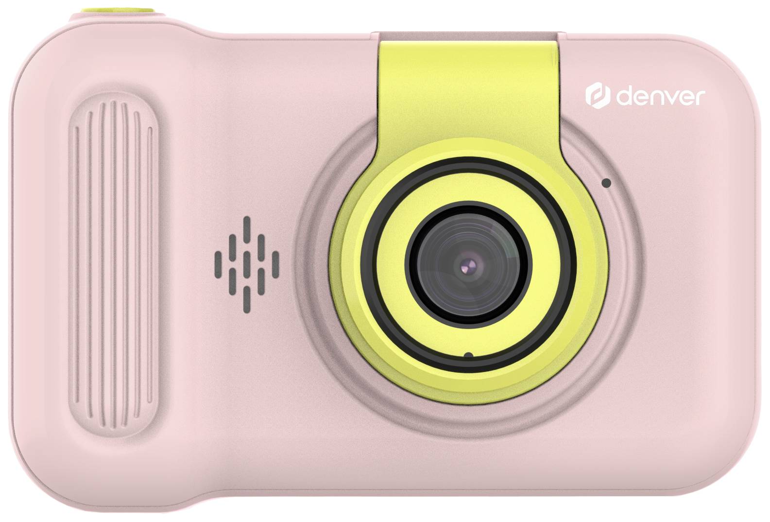 Pink camera with a green lens ring, brand logo in the top right corner.