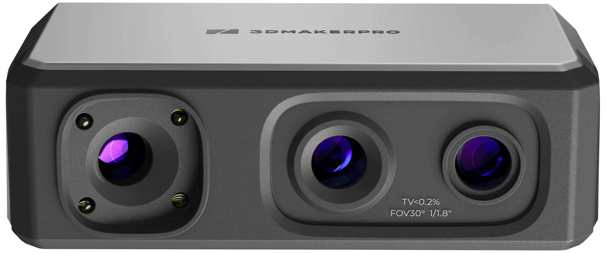 A 3D camera system with three lenses, suitable for precise depth detection and 3D scanning in various applications and environments.