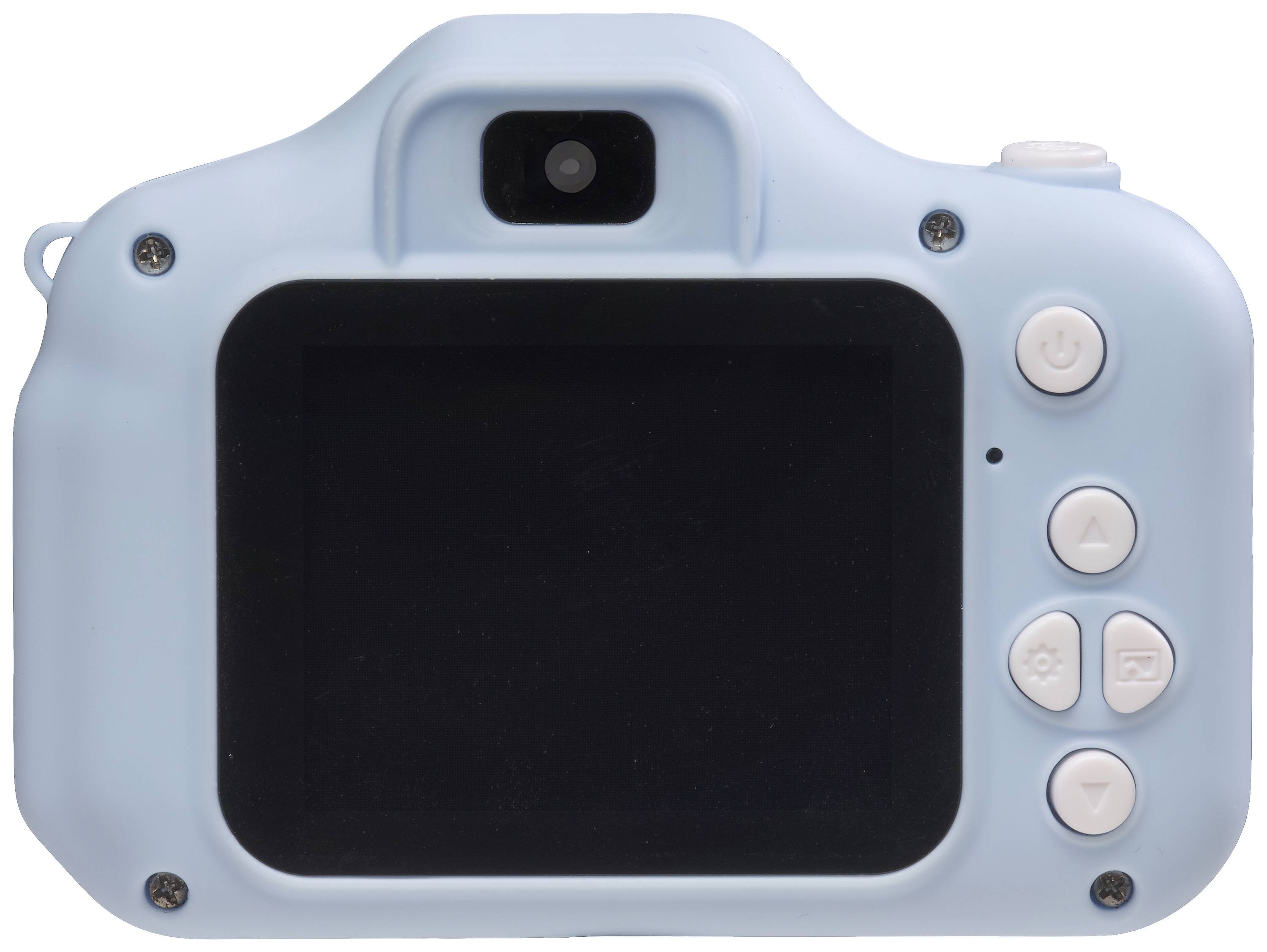 Back of a blue camera with a display and five round buttons.