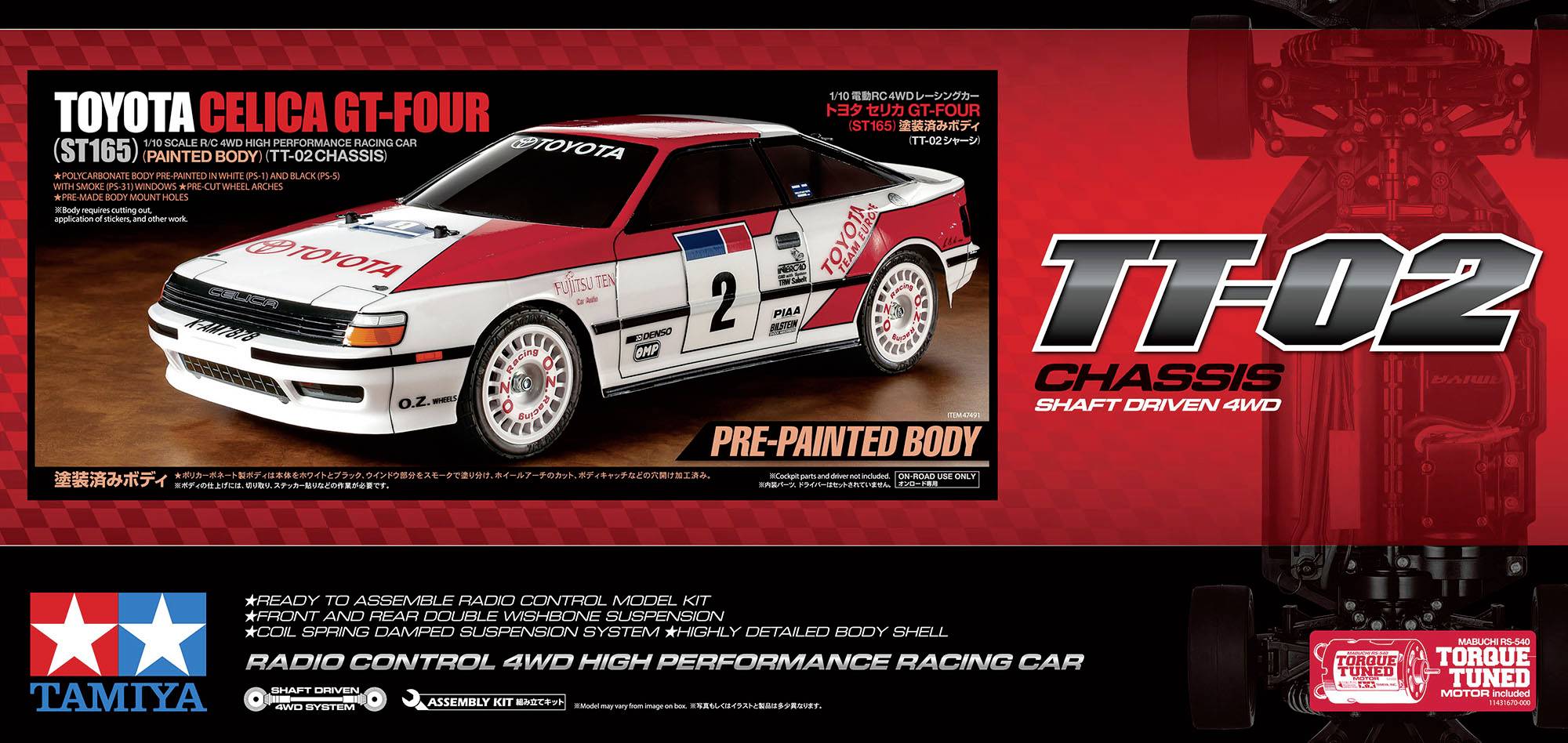 Toyota Celica GT-Four Model Car on TT-02 Chassis, red and white design, pre-painted, 4WD. Tamiya logo and kit details.
