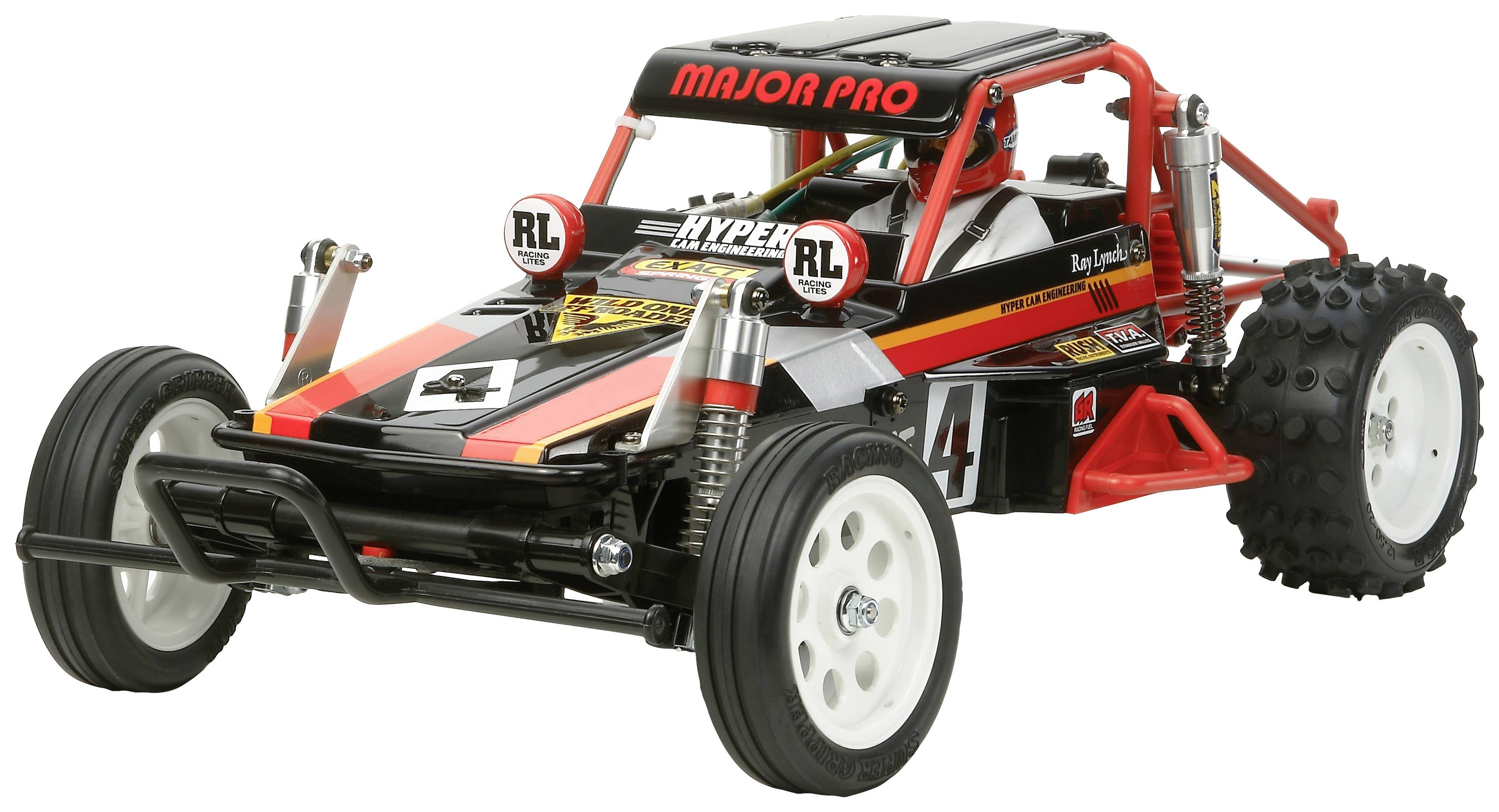 Toy car in racing car style with black and red paintwork, large tyres and stickers reading 'MAJOR PRO' on the roof.