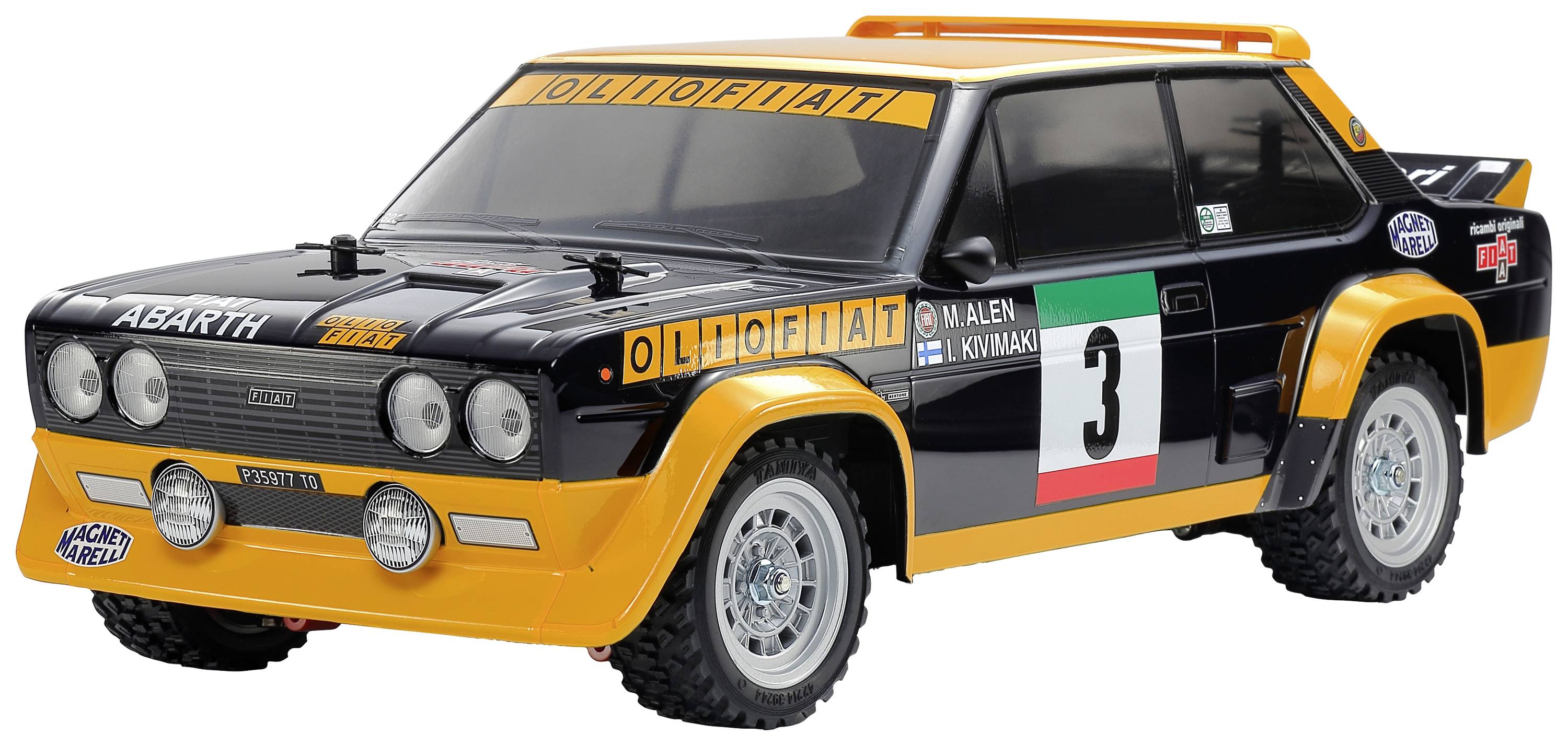 A model car of a classic rally car in black and yellow paintwork, with the start number 3 and sponsor decals.