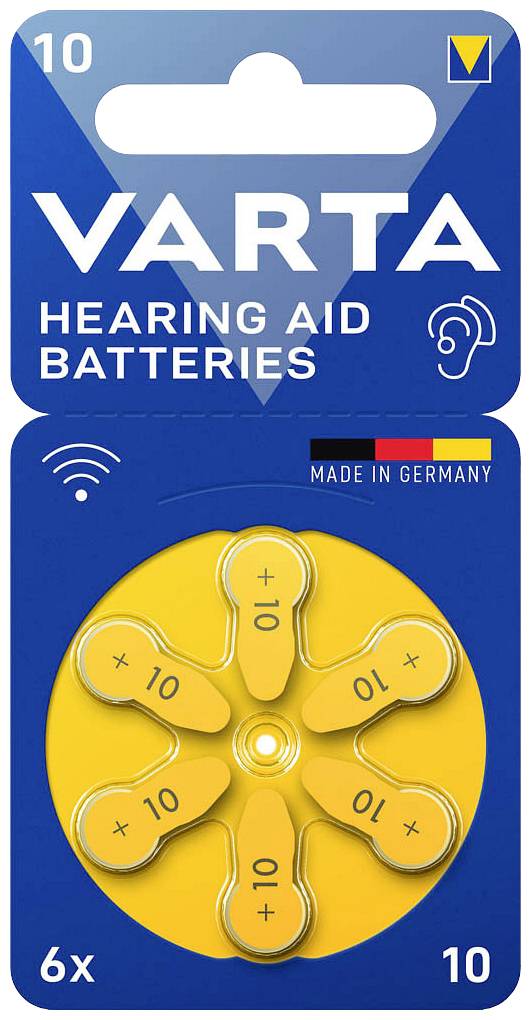 'Varta Hearing Aid Batteries, Size 10, Pack of 6. Blister pack in Blue and Yellow with text 