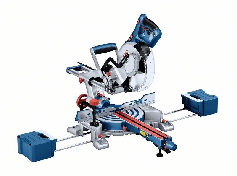 A blue and silver mitre saw with scale and clamps on a workbench, suitable for precise woodworking.