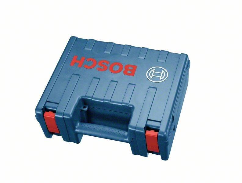 A blue plastic toolbox with a red 'BOSCH' logo and handle, used for storing tools.