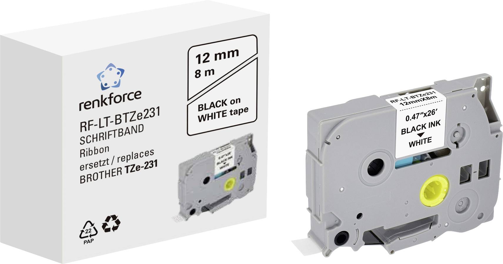 'Renkforce Label Tape, 12 mm x 8 m, black on white, replaces Brother TZe-231.' Packaging and cassette shown in the image.