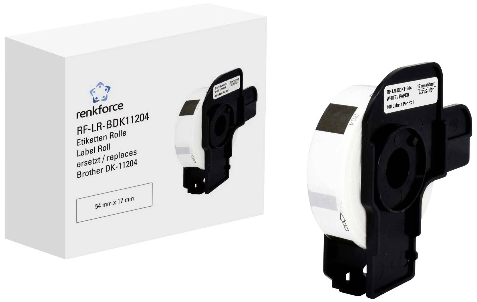 Label roll for printer, brand Renkforce, model RF-LR-BDK11204, replacing Brother DK-11204, 54 mm x 17 mm, in packaging.