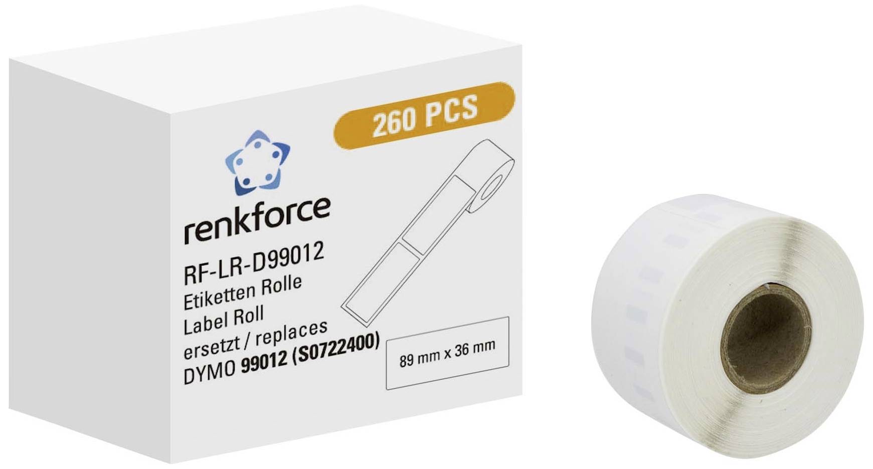 Dymo Printer Label Roll, Model RF-LR-D99012, 89 mm x 36 mm, 260 Labels, as pictured next to packaging.