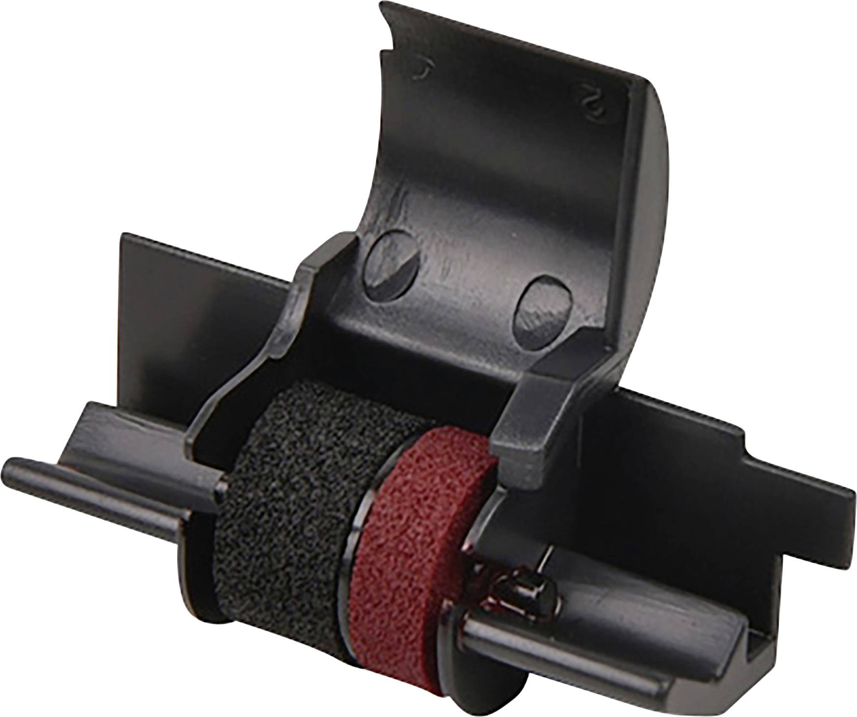 Black plastic part with red and black foam roller, likely a spare part for a printer or office machine.