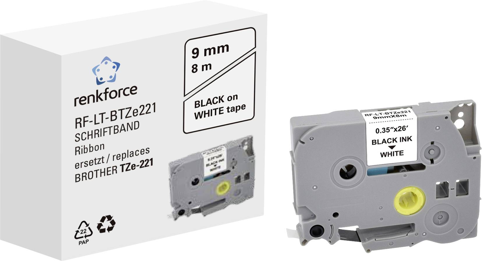 White label tape with black print, compatible with Brother devices. Print: 'BLACK ON WHITE tape', size 9mm x 8m.