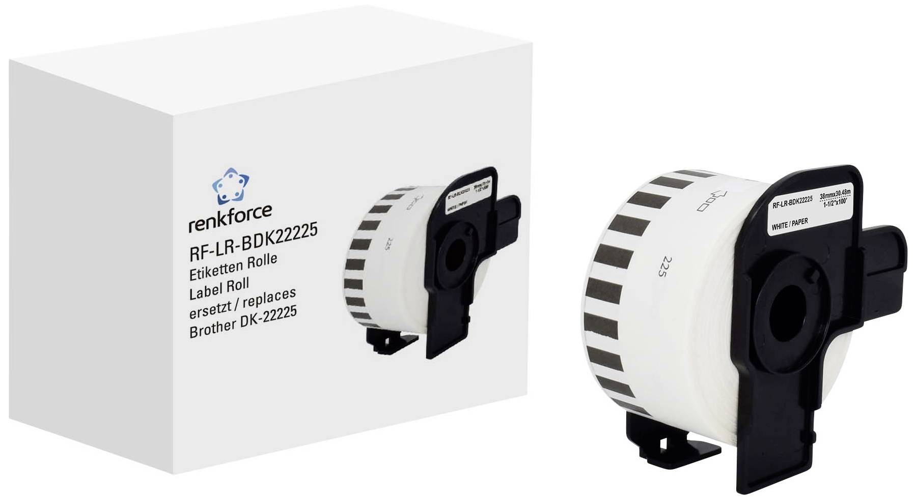 Label roll and packaging for Brother printer, model RF-LR-BDK22225, with clear indication of compatibility and replacement.