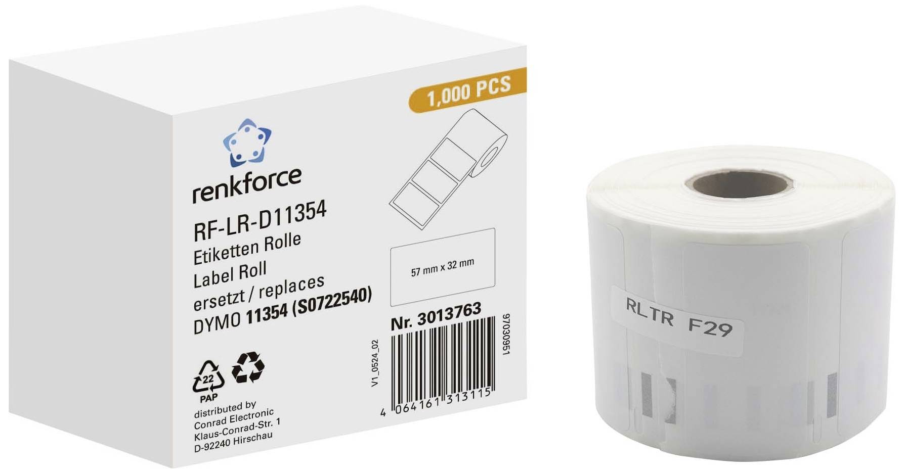 Label roll with 1,000 pieces in a box. Compatible with DYMO 11354. Dimensions 57mm x 32mm. Model number: 3013763.