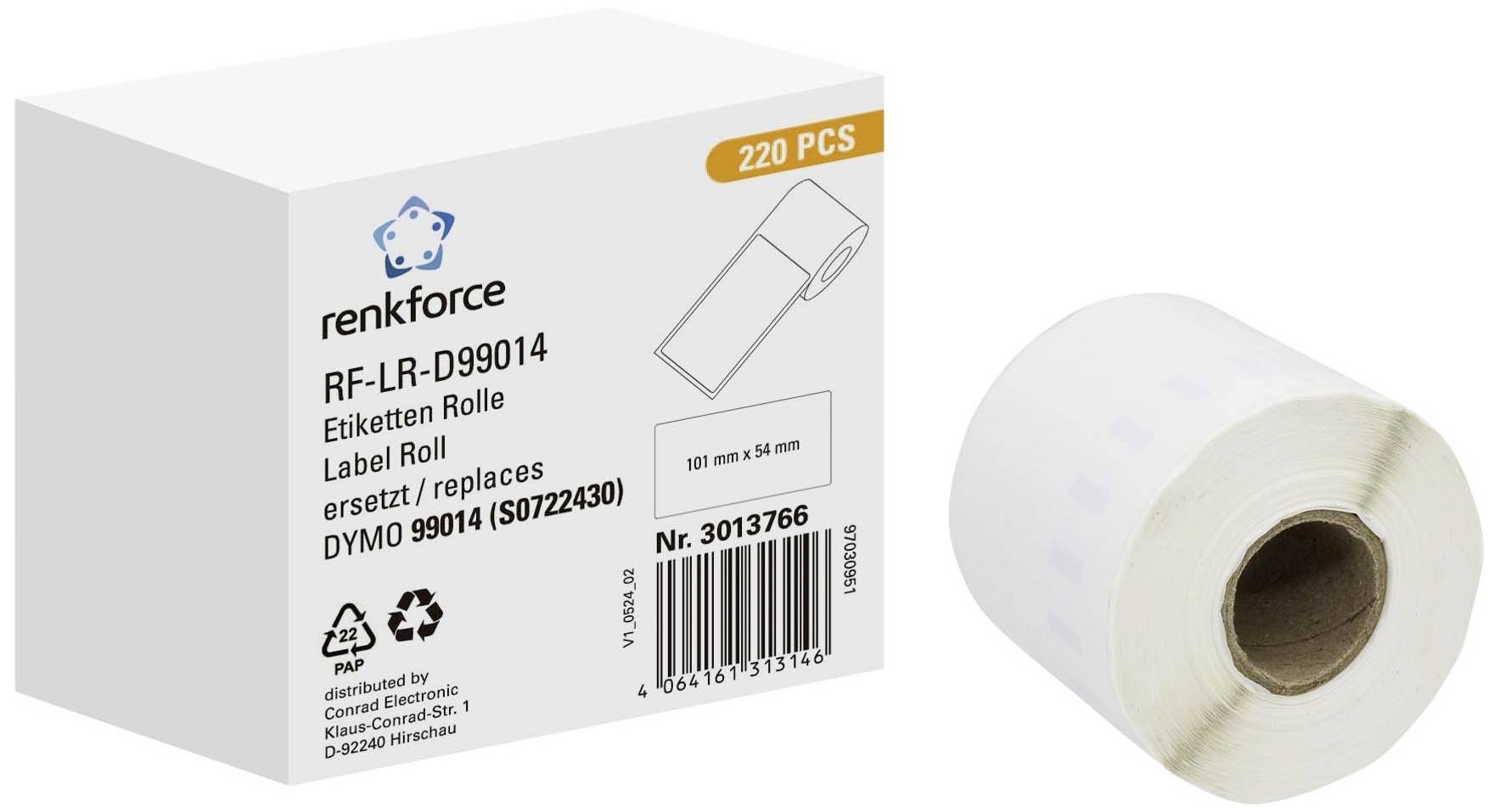 A roll pack containing 220 labels for printer cartridges. Brand: renkforce. Model: RF-LR-D99014. Compatible with DYMO 99014.