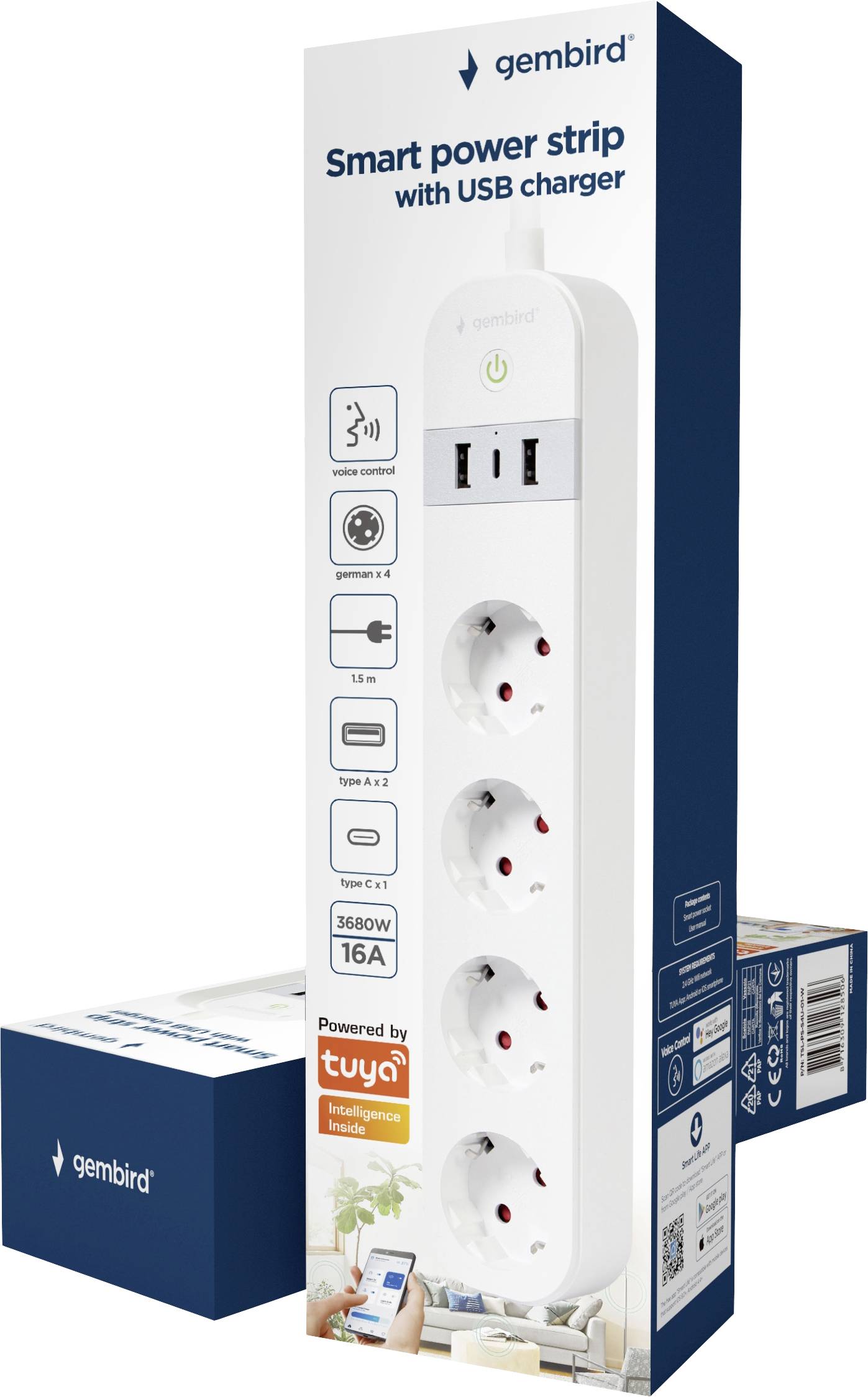 Gembird TSL-PS-S4U-01-W Power strip White PG connector 1 pc(s)