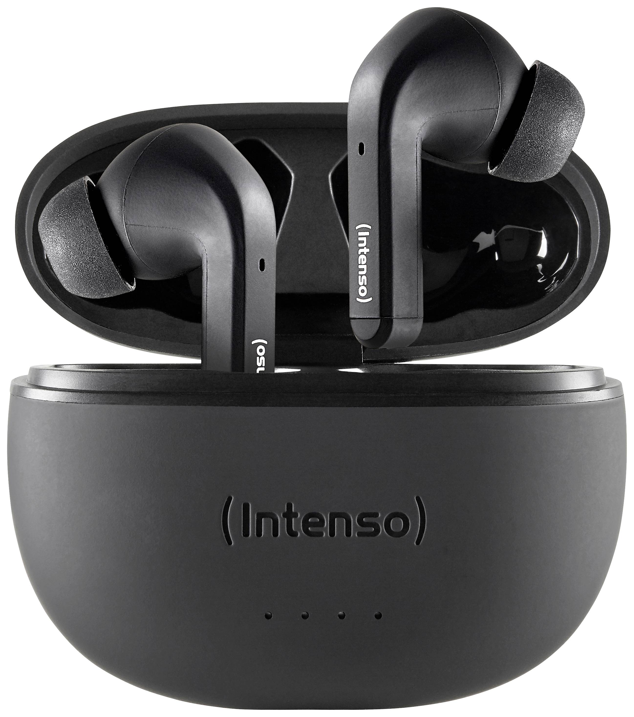 Black wireless in-ear headphones in the Intenso brand charging case, opened and ready for use.