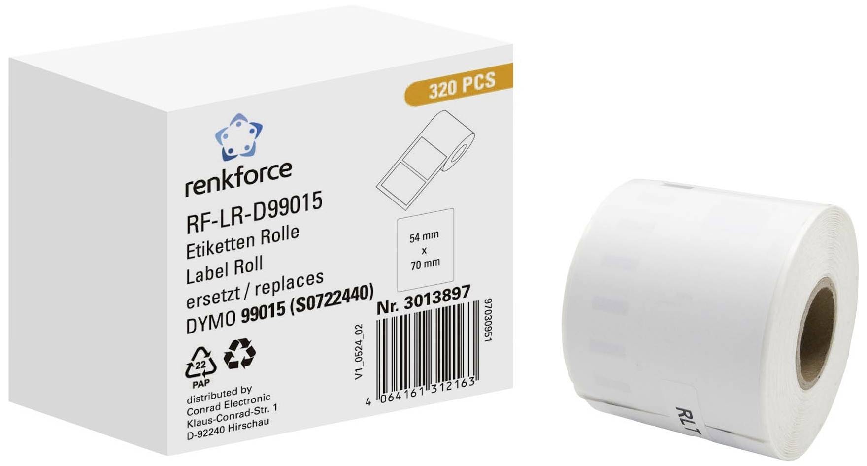 Cardboard box and label roll. Print: 'renkforce, Label Roll, replaces DYMO 99015.' Dimensions: 54 mm x 70 mm, 320 pieces.
