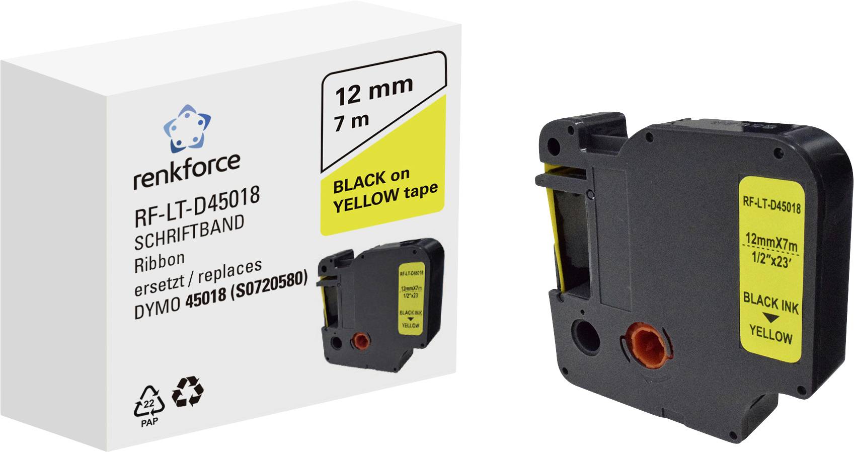 Label tape cassette for DYMO printer with black text on yellow tape. Product packaging and cassette beside it.