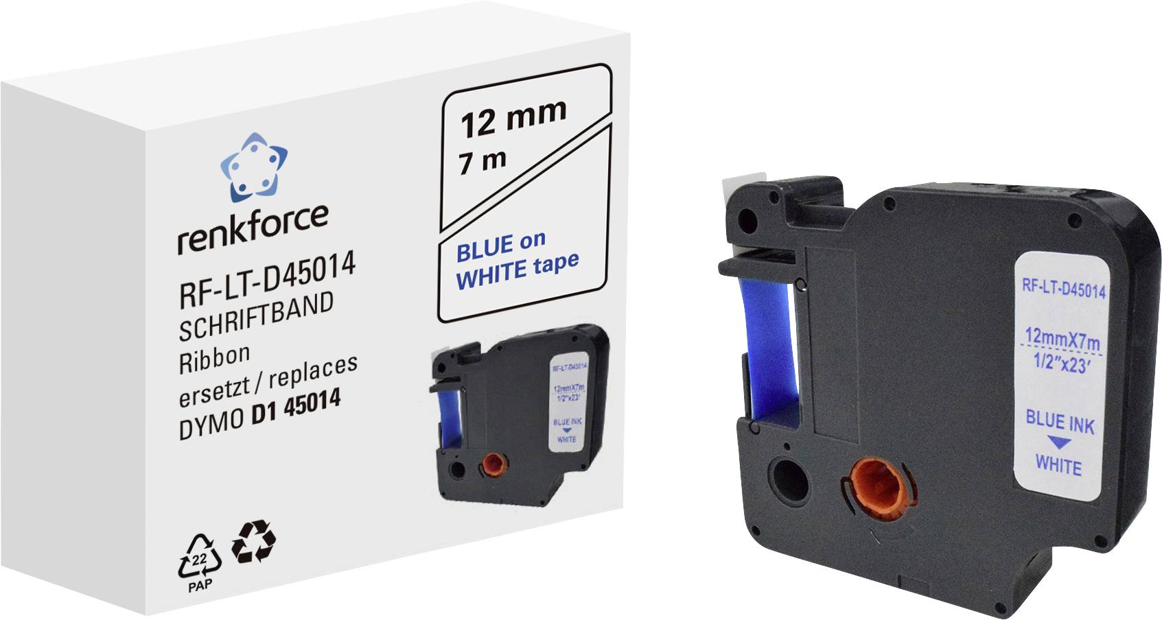Renkforce RF-LT-D45014 Label Tape, 12 mm x 7 m, blue on white tape, replaces Dymo D1 45014. Packaging and cassette shown.
