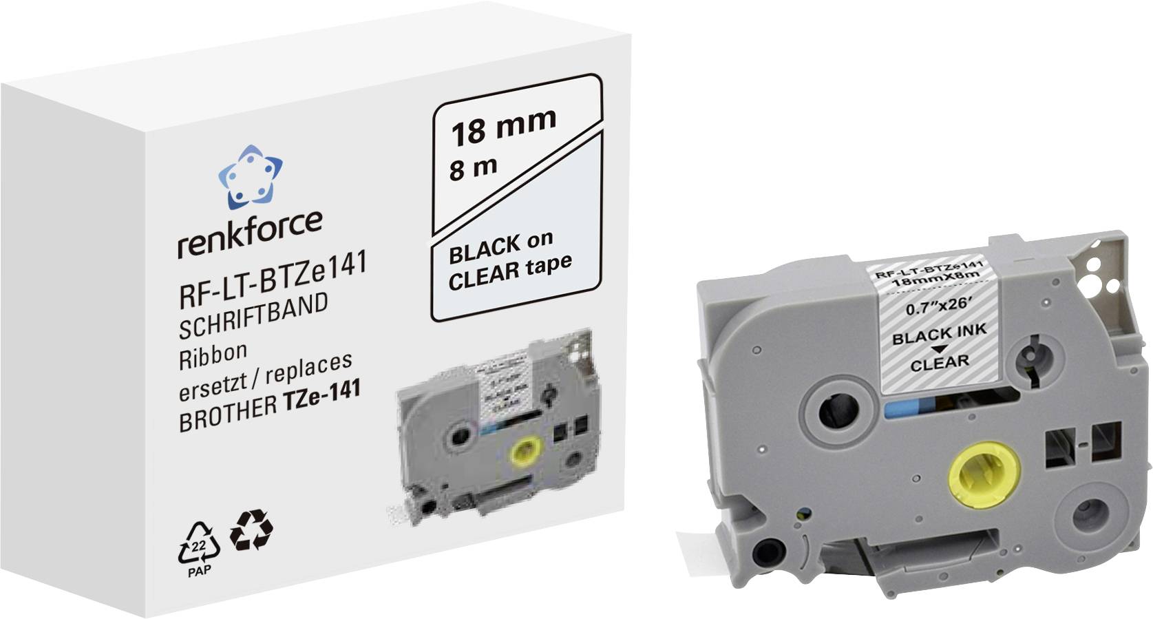 Labelling tape cassette in grey with 'BLACK ON CLEAR' label, 18 mm width, 8 m length. Packaging beside shows replacement model information.