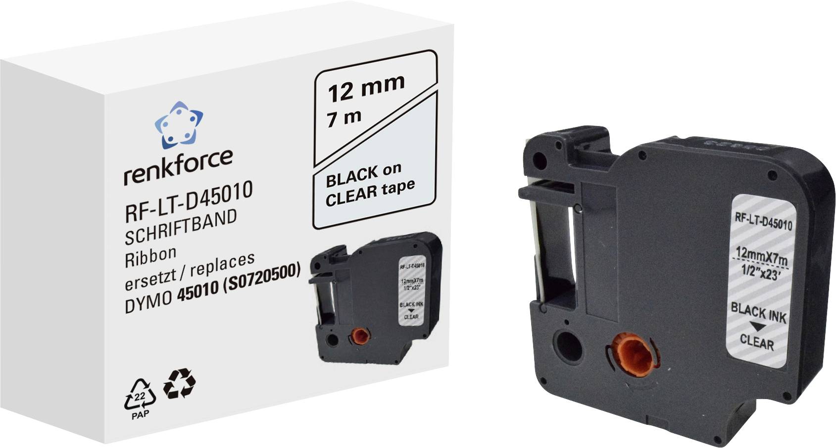 Packaging and cassette of a 12 mm x 7 m label tape for label printers, compatible with Dymo 45010. Black text on clear tape.