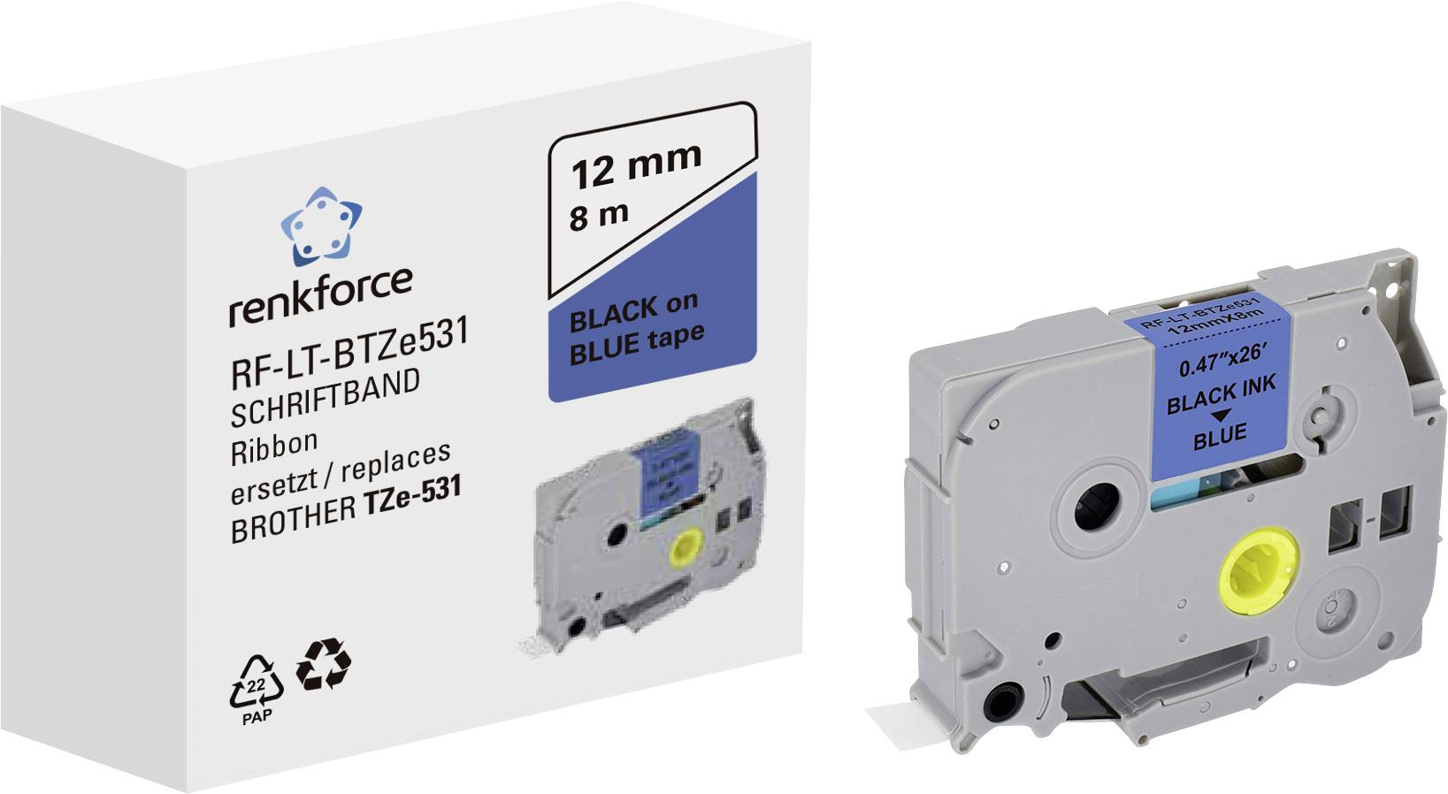 A label printer tape with the designation 'RF-LT-BTZe531', 12 mm wide and 8 m long. Black text on blue tape.
