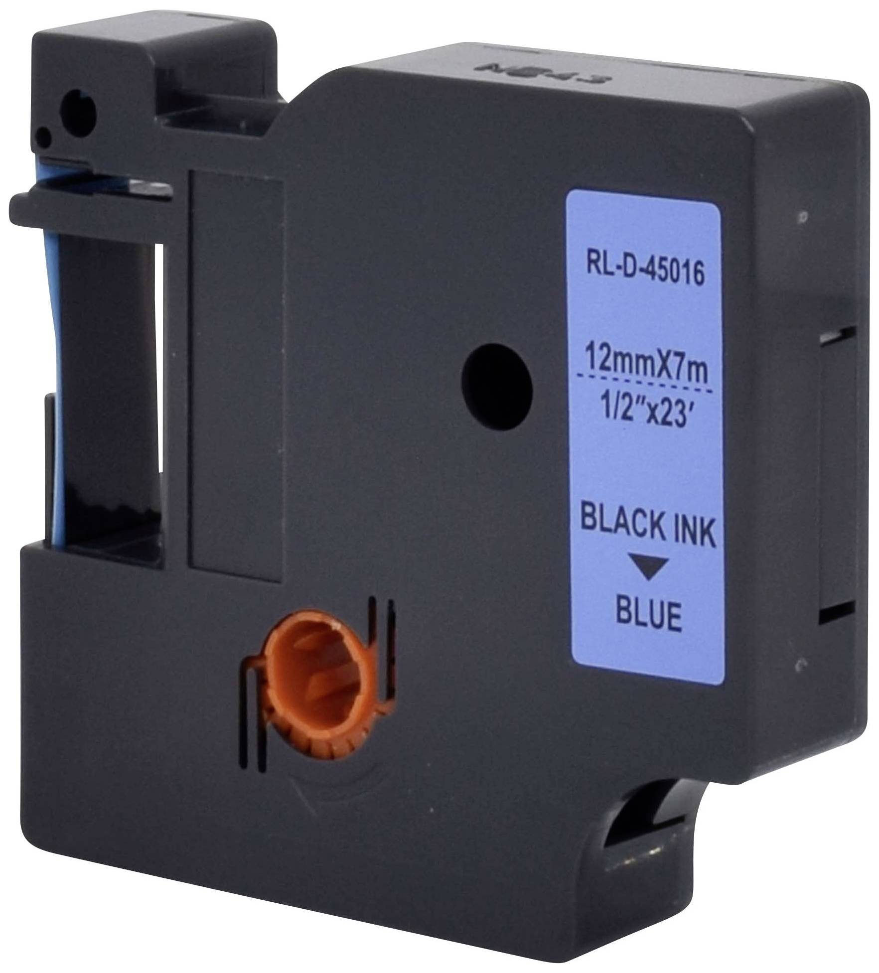 Black printer cartridge with blue label print: '.12mmX7m' and 'BLACK INK'. It has an orange mechanism on the side.