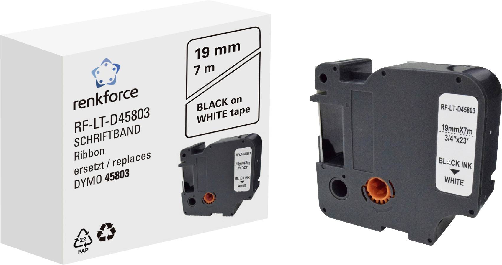 A black tape cassette beside a white packaging box. Text on the box: '19 mm x 7 m, BLACK on WHITE tape'.