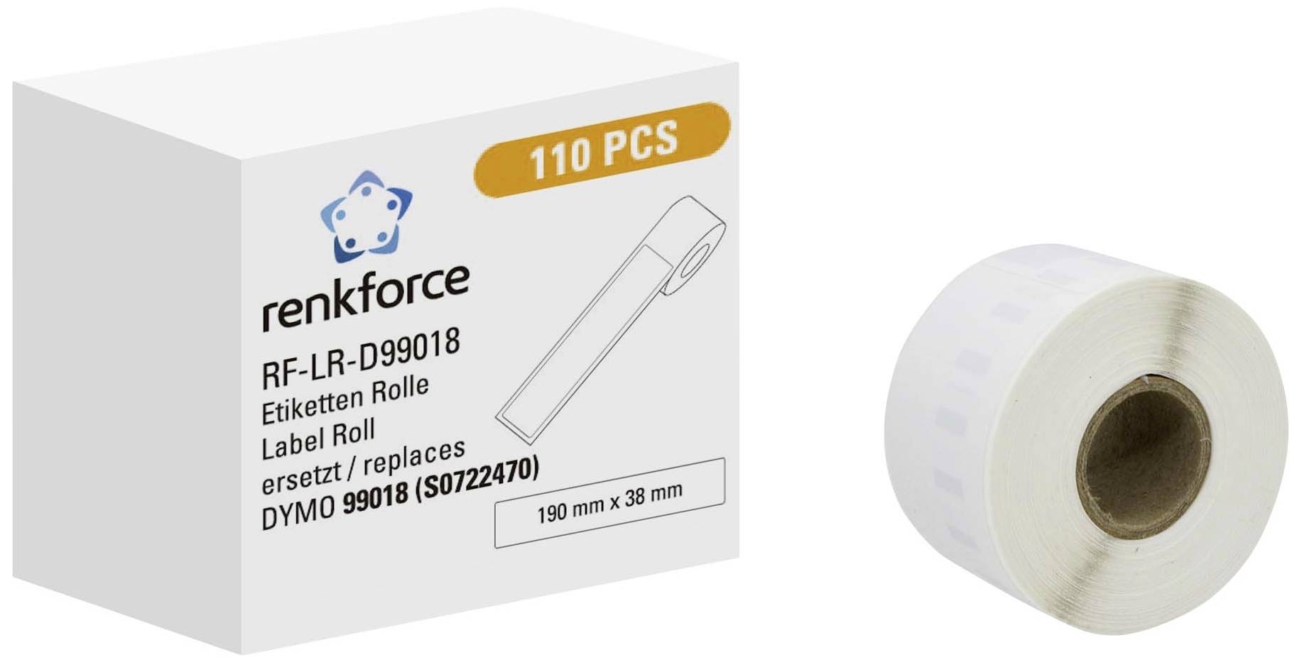 Label roll 'renkforce RF-LR-D99018' with 110 pieces, compatible with DYMO 99018. Dimensions: 190 mm x 38 mm. Roll shown.