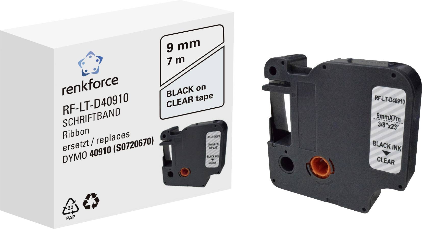Black ribbon tape for label printers, 9 mm width, 7 m length, compatible with Dymo 40910, shown with packaging.