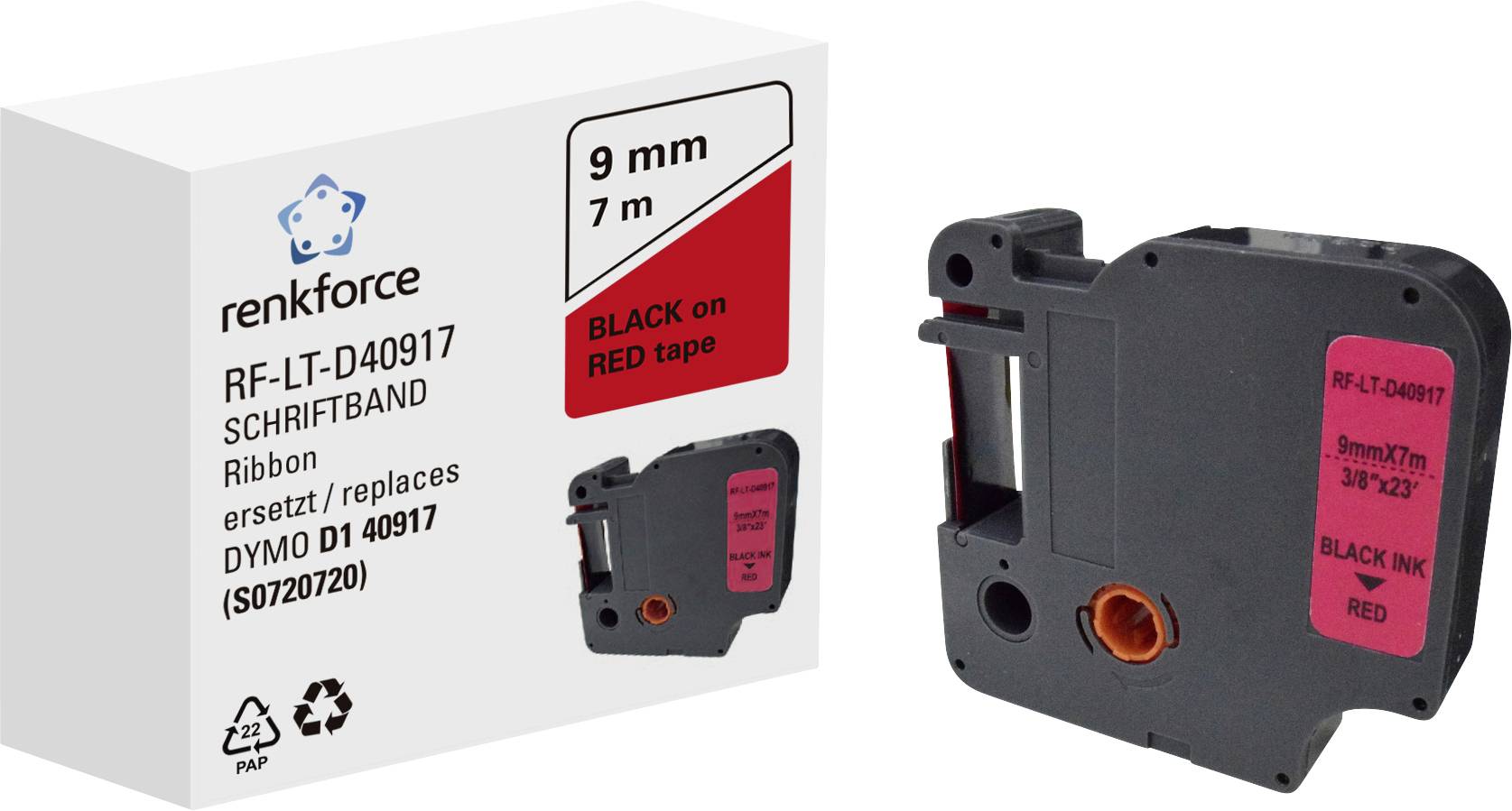 Label Tape 'Black on Red', Renkforce Model RF-LT-D40917, compatible with DYMO D1 40917, 9 mm width, 7 m length.