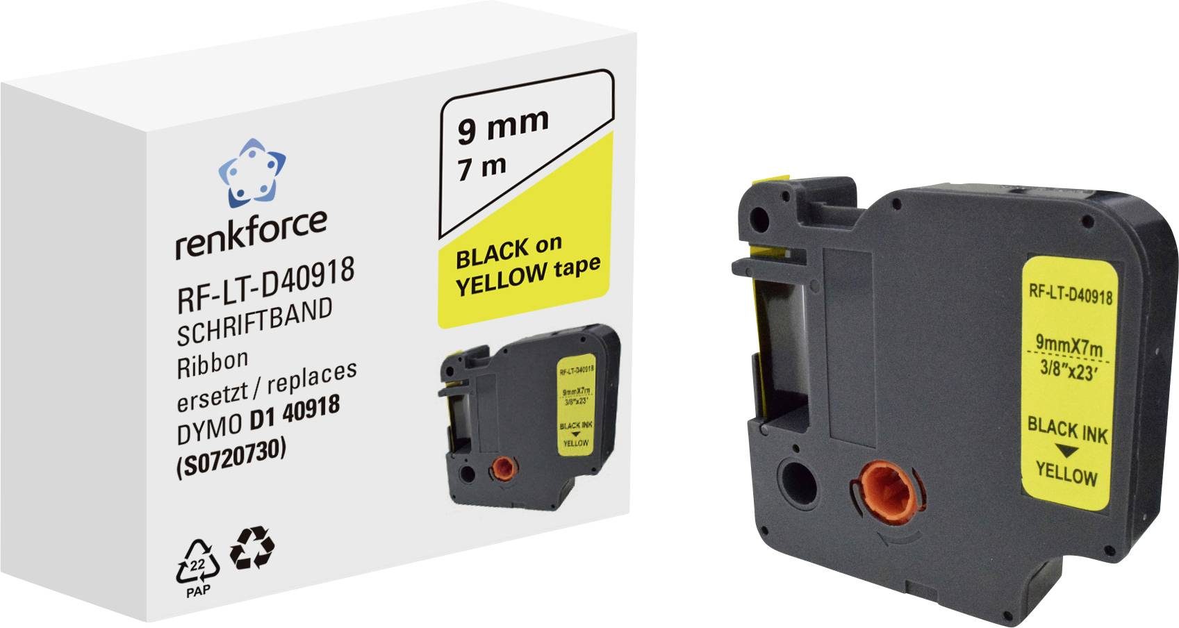 Packaging and replacement tape for labelling. Renkforce 9mm x 7m, yellow tape with black ink. Compatible with DYMO D1 40918.