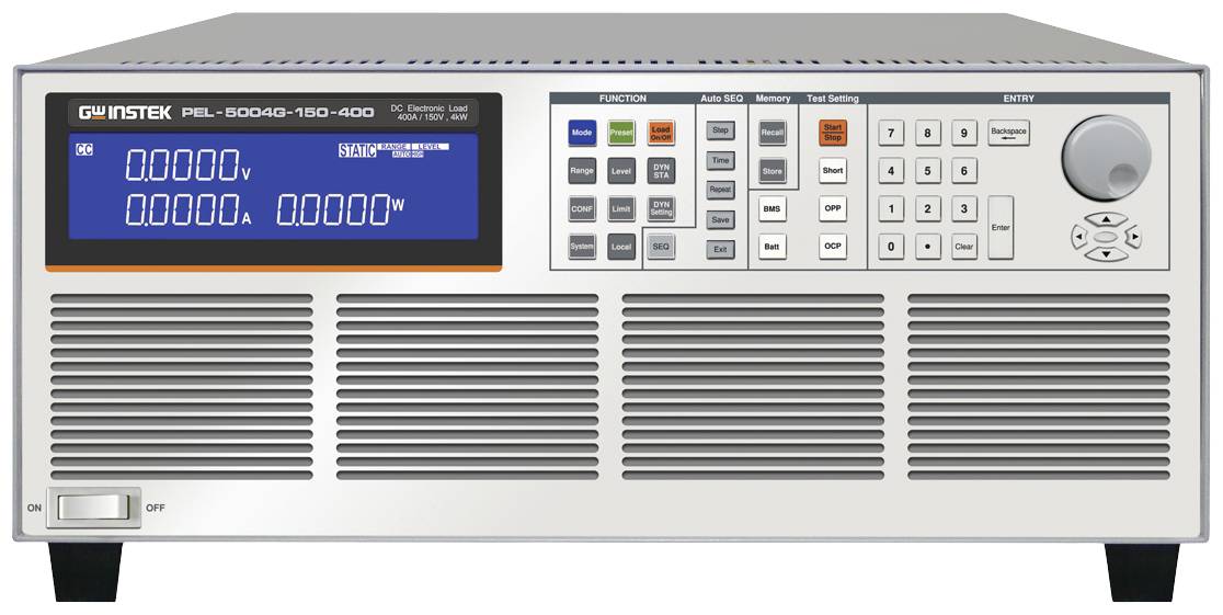Electronic load device with digital display showing power values. Multiple buttons and rotary controls for operation and adjustment.