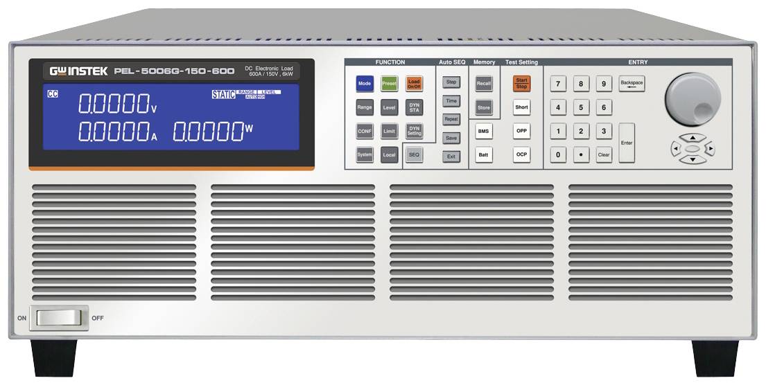 Electronic load device with digital display, various function buttons and rotary knob, suitable for laboratory tests and measurements.