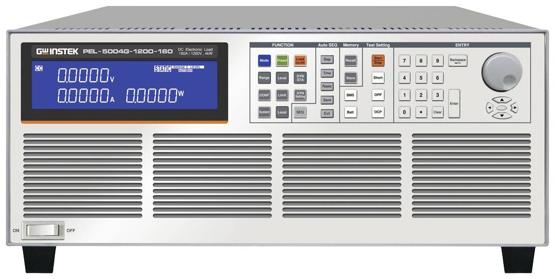 Electronic load with digital display, numerous buttons and a control dial for managing current and voltage loads.
