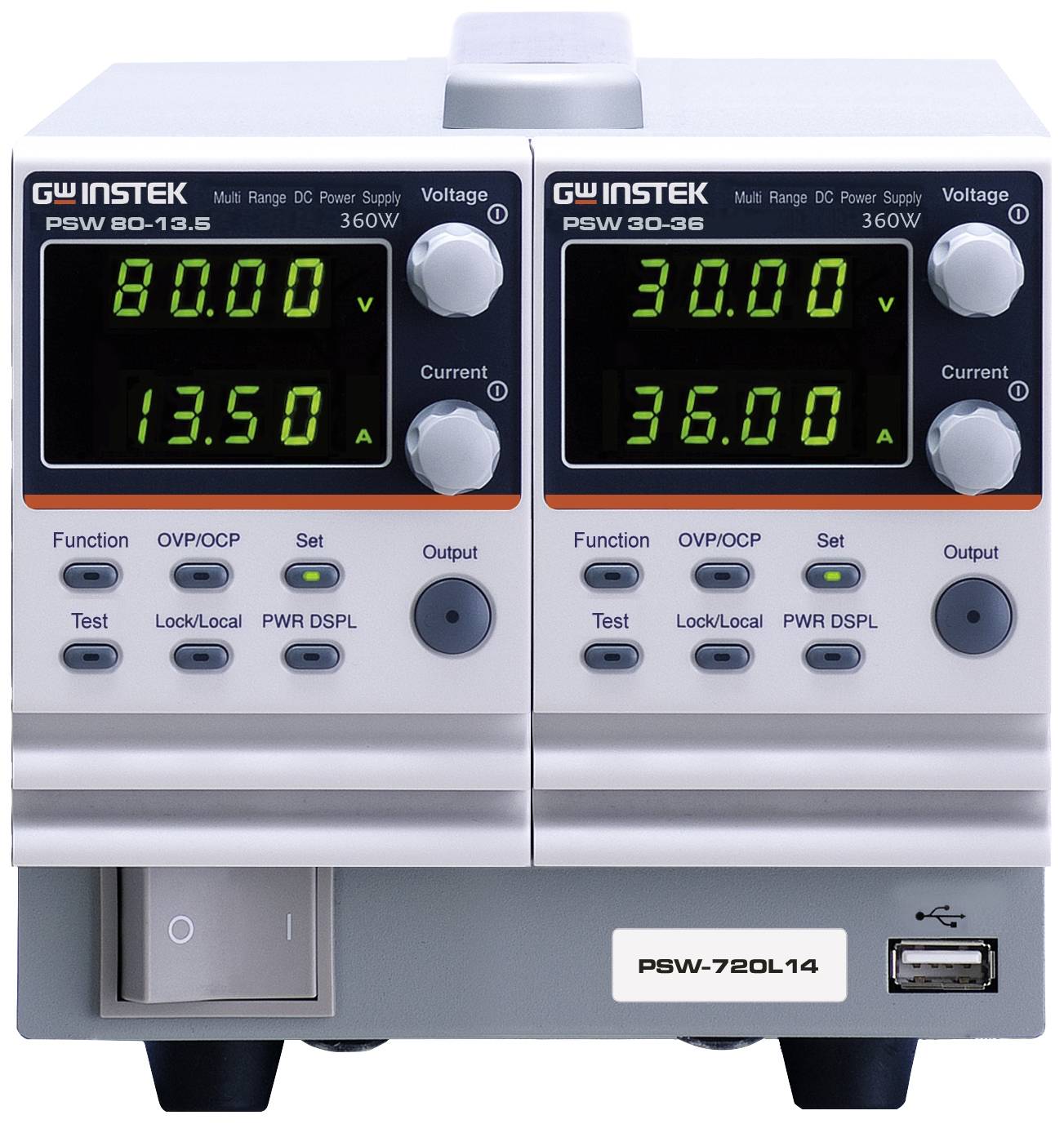 Laboratory power supply with two digital displays. Left display shows '80.00 V' and '13.50 A'. Right display shows '30.00 V' and '36.00 A'.
