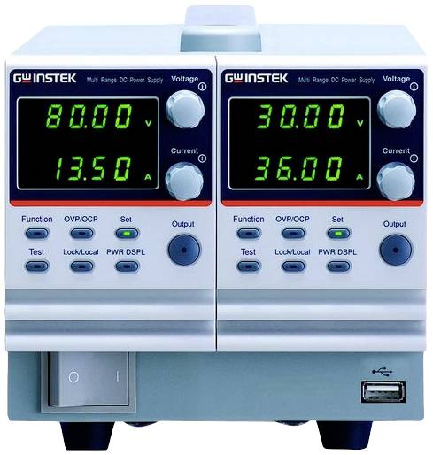 Two-channel DC power supply with display: Left channel 80.00V 13.50A; Right channel 30.00V 0.00A. Multiple control buttons.