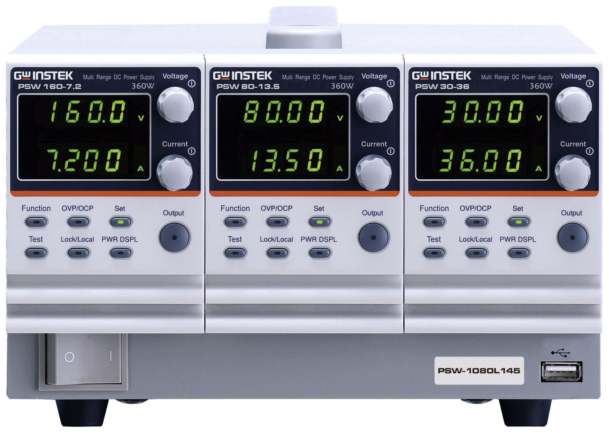 Laboratory power supply unit with three digital displays. Displays show voltages and currents. Buttons for controlling various functions.