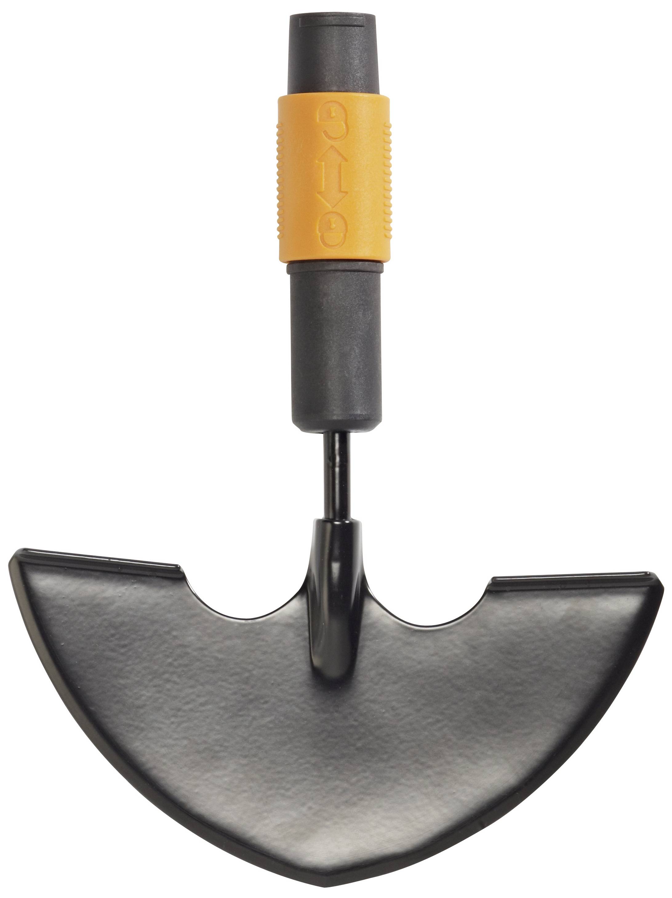Metal spade with a half-circular blade and orange-black handle, suitable for gardening work.