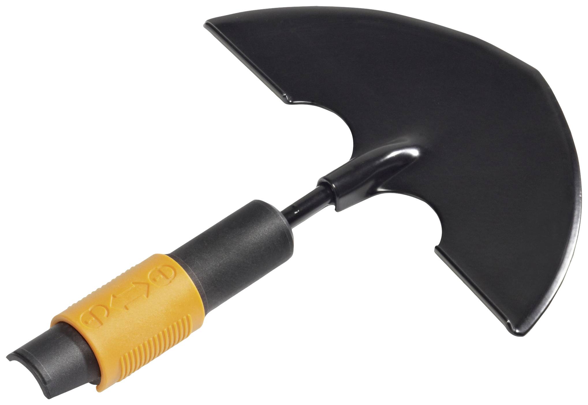 Garden tool with an orange handle and a semi-circular, black metal cutting edge, likely for lawn or edge trimming.