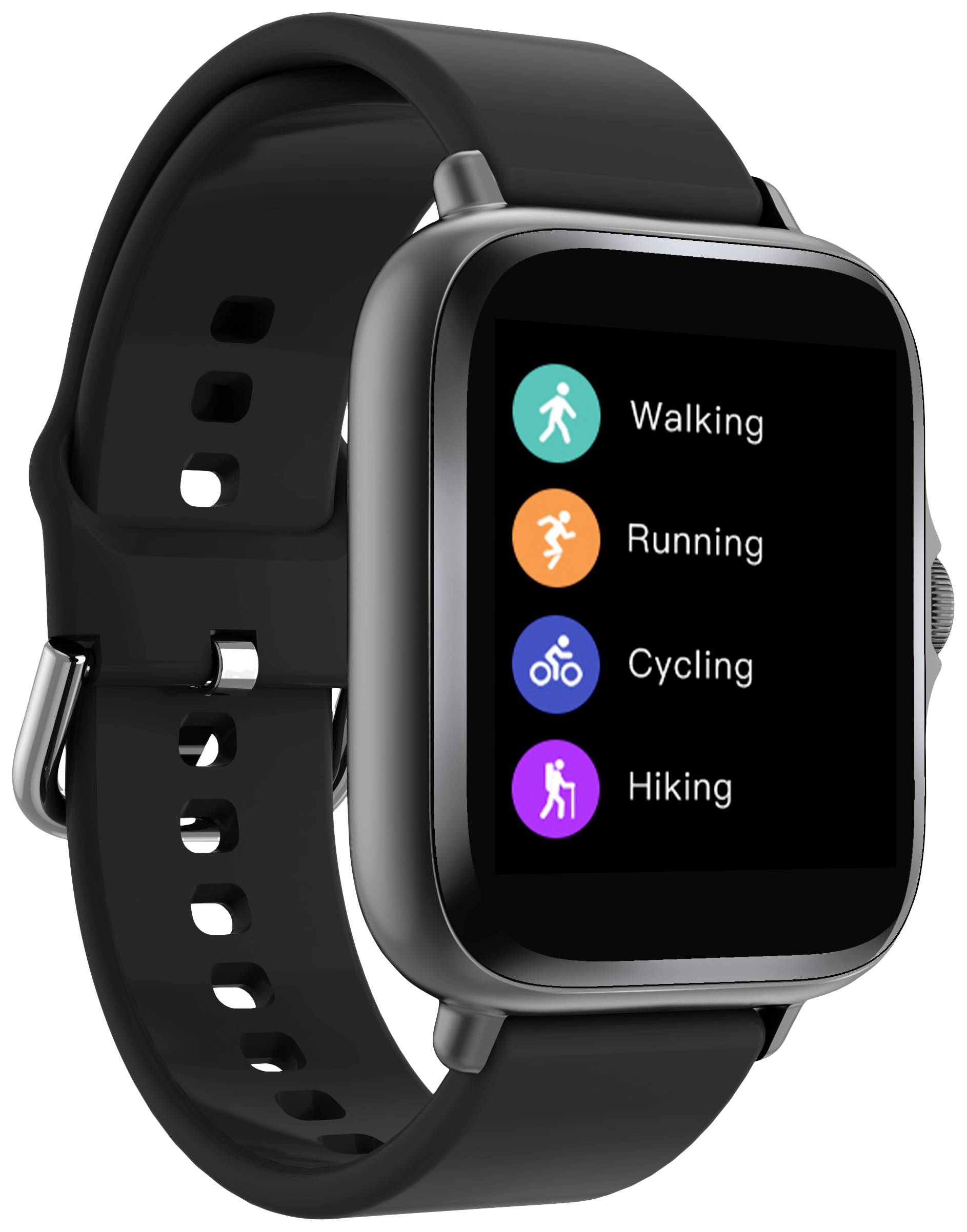 A smartwatch with a black strap displays four sport modes on the screen: 'Walking', 'Running', 'Cycling' and 'Hiking'.