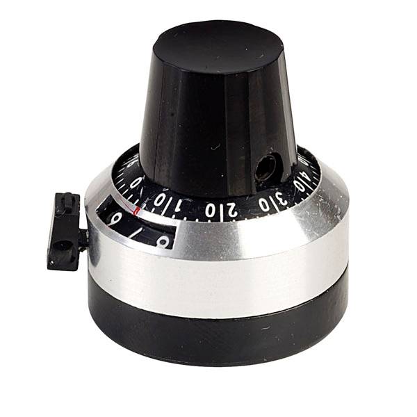 A silver and black number combination lock with a rotary dial for setting the numbers.