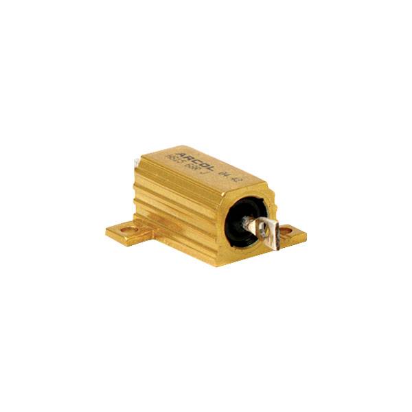Golden aluminium high-load resistor with two terminals, mounted on a mounting flange.